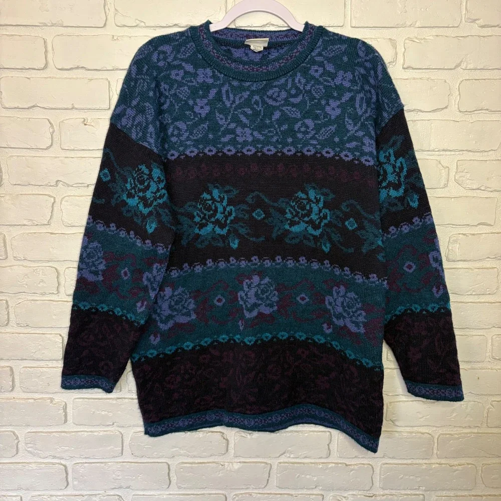Vintage Classic Elements Blue Knit Floral Print Sweater‎ Women's Size Medium